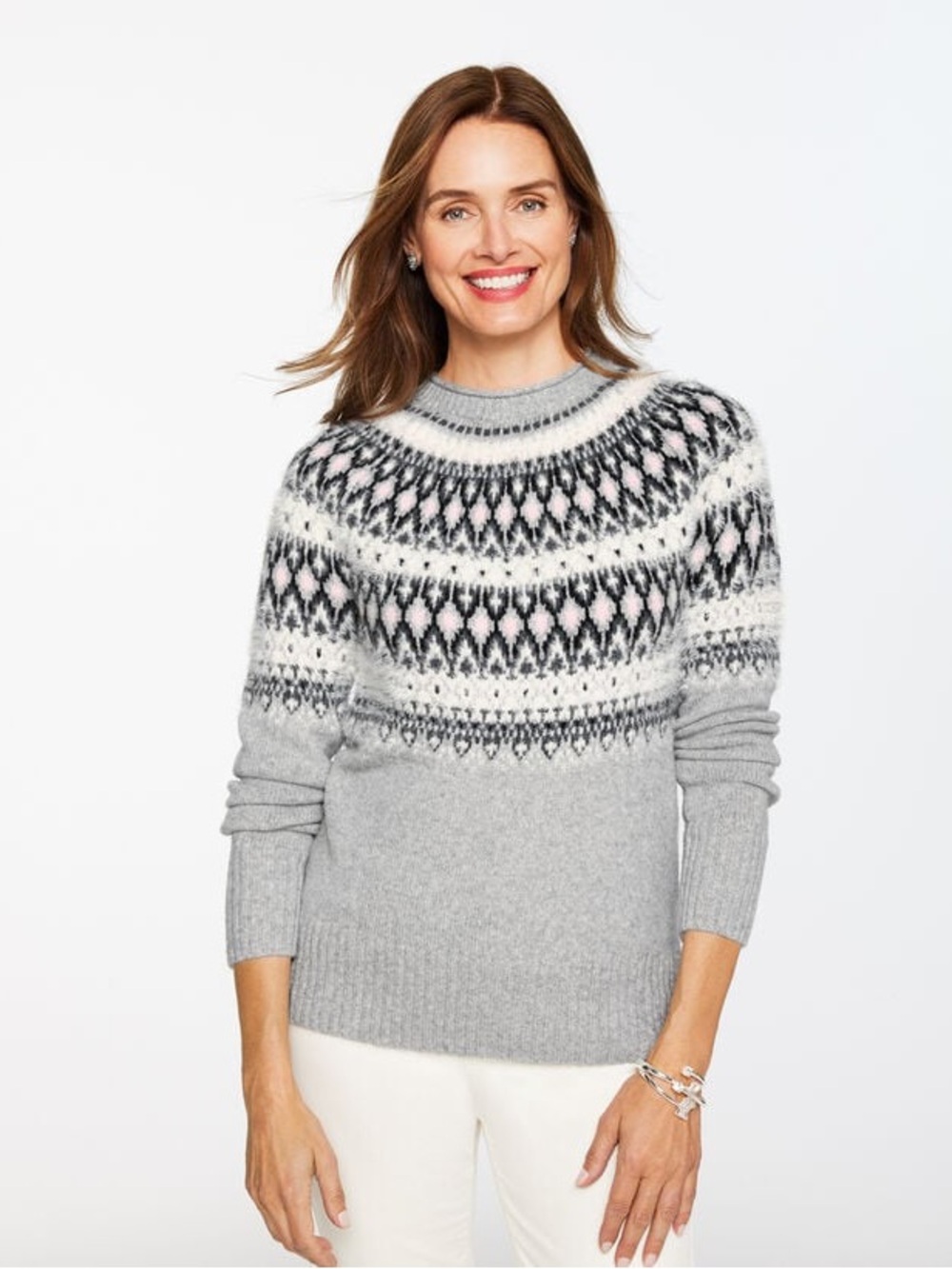 Talbots Persian Fair Isle Eyelash Knit Crewneck Sweater Gray Pink Size XL